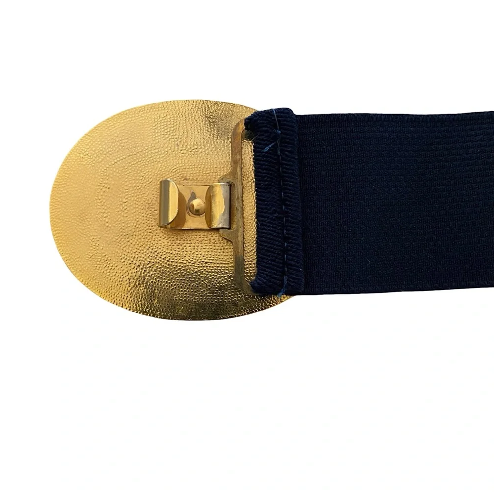 Vintage 80s Elastic Stretch Belt Navy Blue With Decorative Buckle